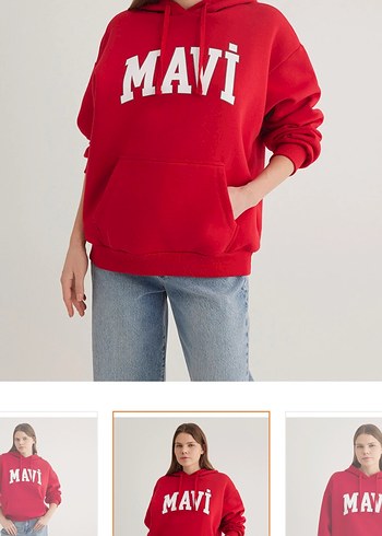 Kırmızı Kapüşonlu Mavi Kadın Sweatshirt - Görsel 2