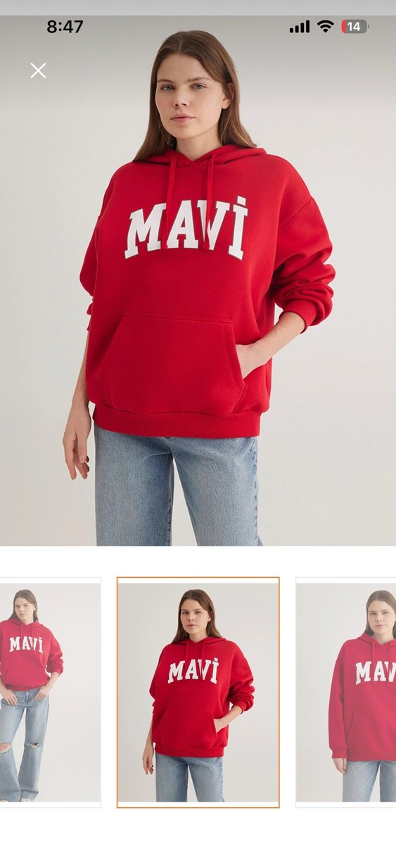 Kırmızı Kapüşonlu Mavi Kadın Sweatshirt - Görsel 2