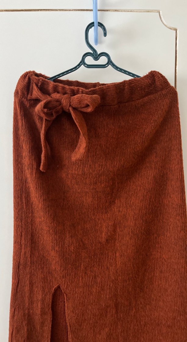 Bohem Tarzı Kahverengi Midi Keten Etek - Görsel 2