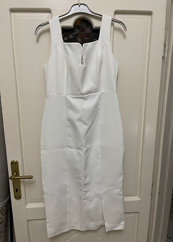 V Yaka Midi Beyaz Elbise Fermuarlı - Görsel 3