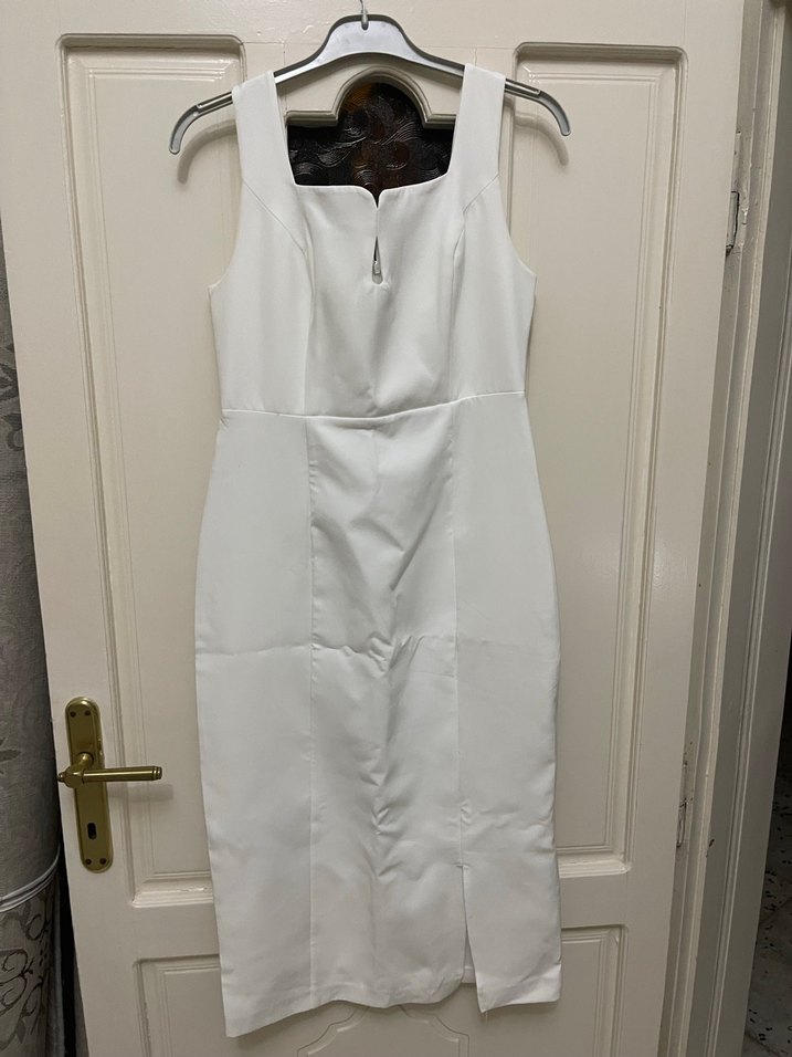 V Yaka Midi Beyaz Elbise Fermuarlı - Görsel 3