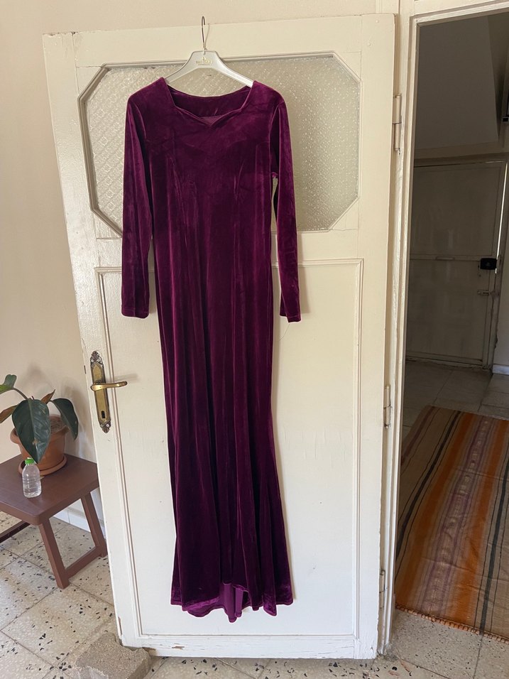 Bordo Kadife Uzun Kollu Drapeli Elbise - Görsel 2