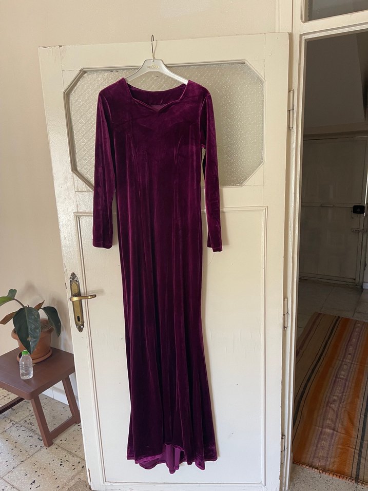 Bordo Kadife Uzun Kollu Drapeli Elbise - Görsel 3