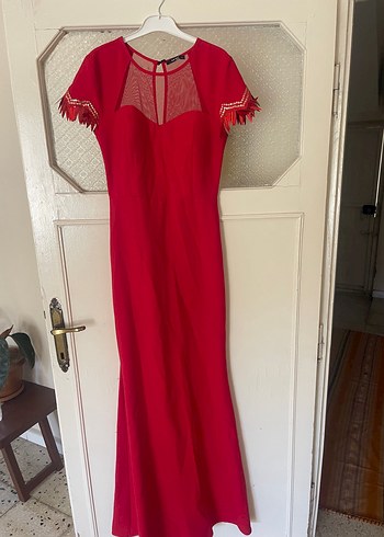 Kırmızı Uzun V Yaka Kadın Abiye Elbise - Görsel 3