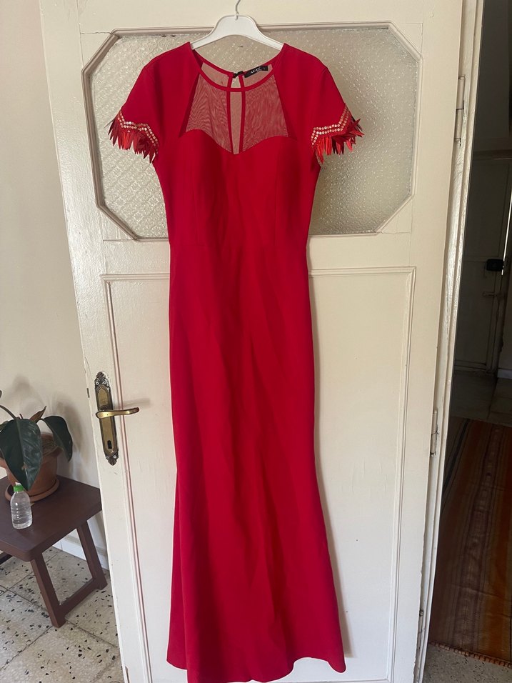 Kırmızı Uzun V Yaka Kadın Abiye Elbise - Görsel 5