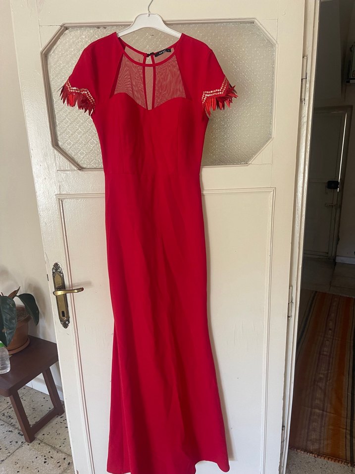 Kırmızı Uzun V Yaka Kadın Abiye Elbise - Görsel 3