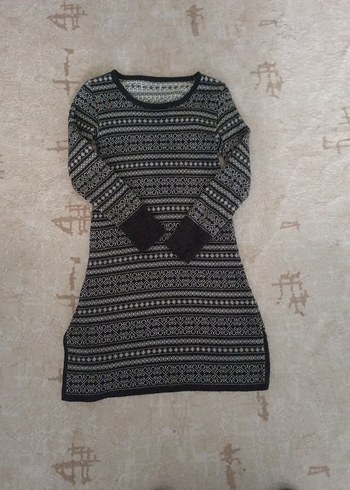 Bohem Desenli Uzun Kollu Gri Triko Elbise - Görsel 6