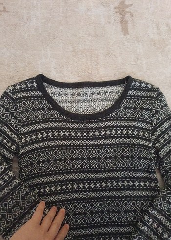 Bohem Desenli Uzun Kollu Gri Triko Elbise - Görsel 8