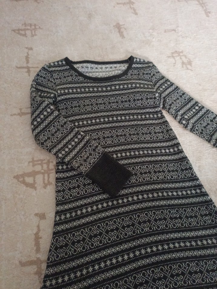 Bohem Desenli Uzun Kollu Gri Triko Elbise - Görsel 2