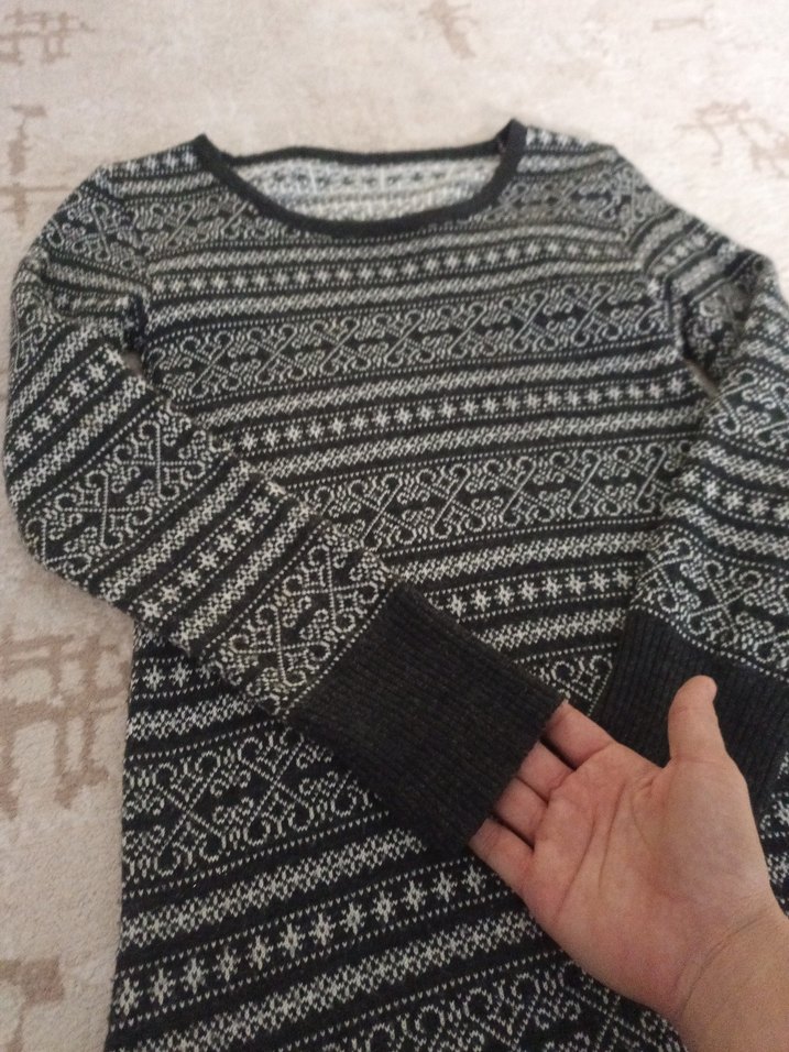 Bohem Desenli Uzun Kollu Gri Triko Elbise - Görsel 5