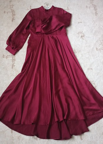 Bordo Uzun Kollu Saten Elbise - Görsel 6