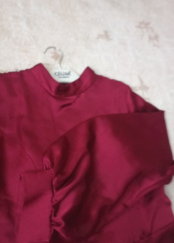 Bordo Uzun Kollu Saten Elbise - Görsel 5