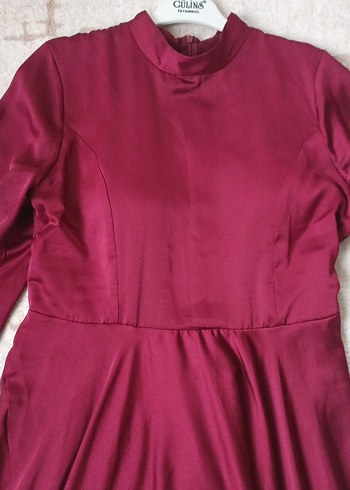 Bordo Uzun Kollu Saten Elbise - Görsel 2