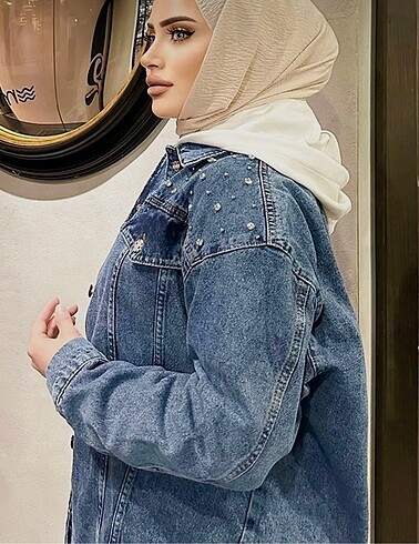 Omuz taş detaylı oversize kot ceket