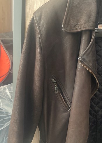 Kemerli Kahverengi Deri Biker Ceket - Görsel 4
