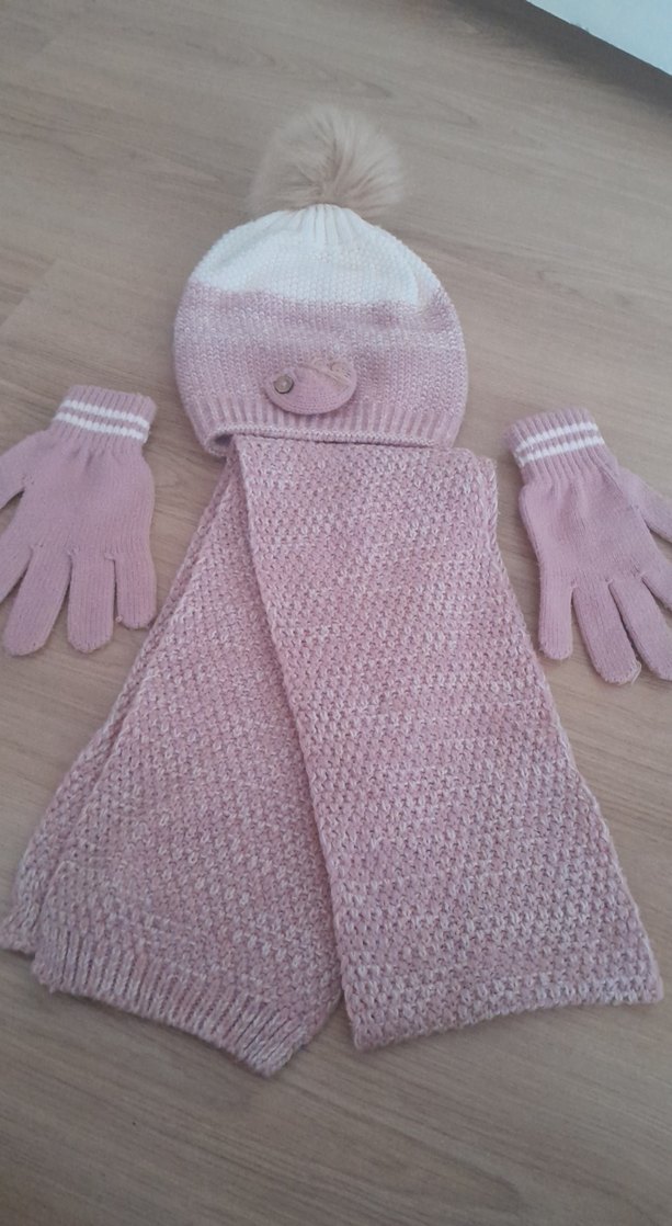 Pembe Örgü Bere, Atkı ve Eldiven Seti - Görsel 3