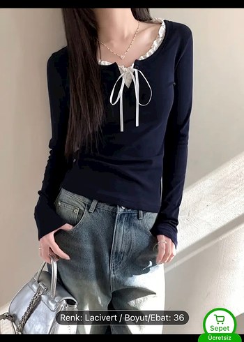 Lacivert Dantel Detaylı Kadın Bluz - Görsel 3