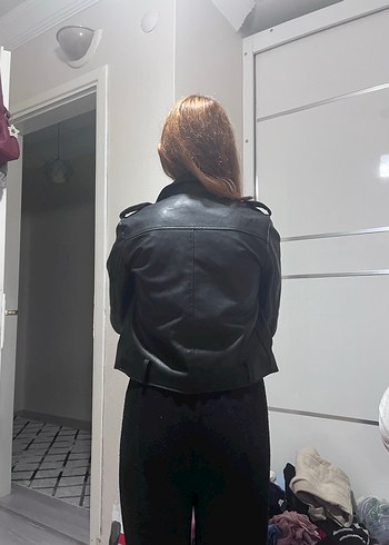 Kadın Siyah Deri Biker Ceket - Görsel 6