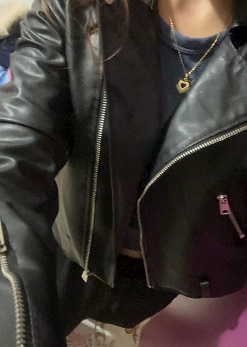 Kadın Siyah Deri Biker Ceket - Görsel 4