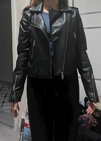 Kadın Siyah Deri Biker Ceket - Görsel 5