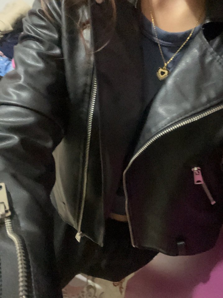 Kadın Siyah Deri Biker Ceket - Görsel 4