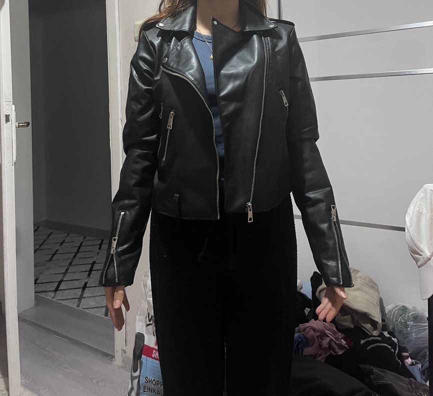 Kadın Siyah Deri Biker Ceket - Görsel 5