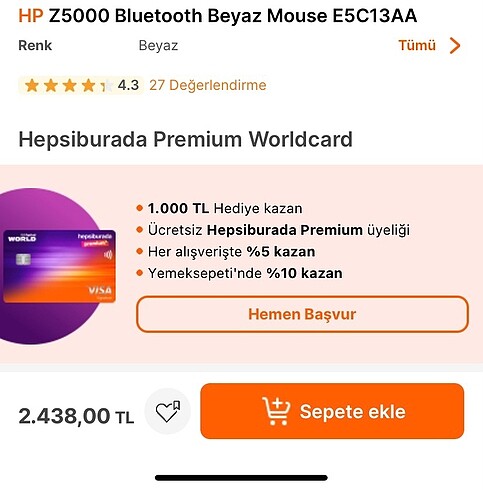  Beden Renk HP Z5000 Bluetooth Beyaz Mouse E5C13AA