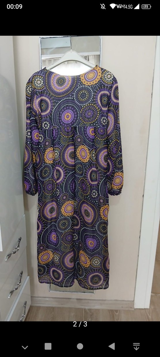 Uzun Kollu Bohem Pliseli Elbise - Görsel 2