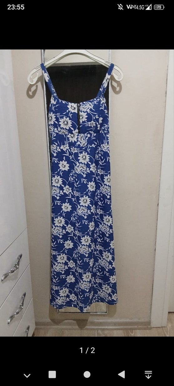 Kadın Lacivert Çiçekli Bohem Uzun Elbise - Görsel 2