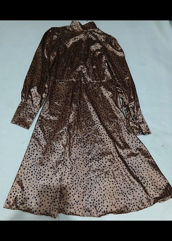 Uzun Kollu Parlak Kahverengi puantiye Desenli Elbise - Görsel 3