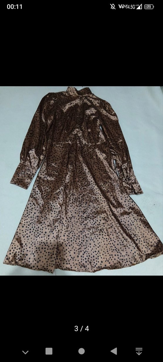 Uzun Kollu Parlak Kahverengi puantiye Desenli Elbise - Görsel 3