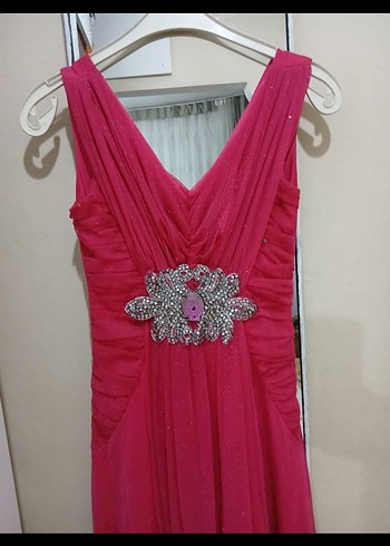 Pembe Uzun Drapeli V Yaka Abiye Elbise - Görsel 3