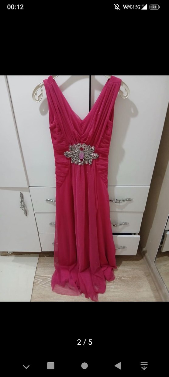 Pembe Uzun Drapeli V Yaka Abiye Elbise - Görsel 2