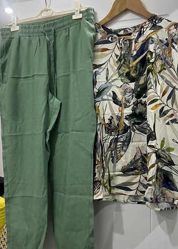 Bohem Desenli Kısa Kollu Kadın Bluz ve pantolon takım - Görsel 4