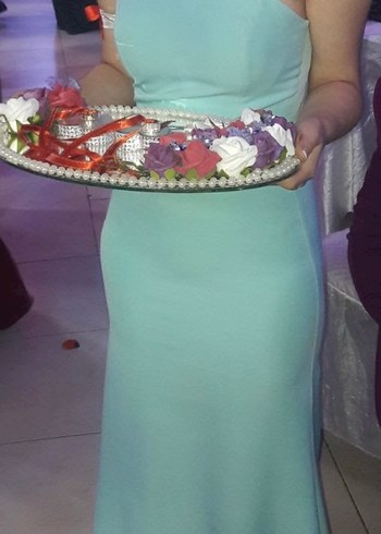 Turkuaz Uzun Drapeli Straplez Elbise - Görsel 11