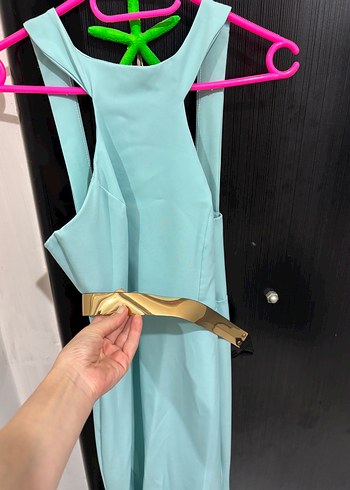 Turkuaz Uzun Drapeli Straplez Elbise - Görsel 3