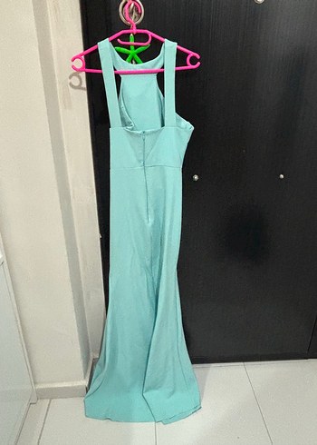 Turkuaz Uzun Drapeli Straplez Elbise - Görsel 4