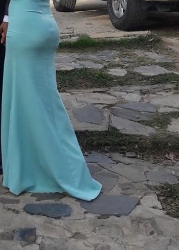 Turkuaz Uzun Drapeli Straplez Elbise - Görsel 9