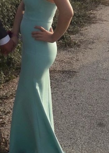 Turkuaz Uzun Drapeli Straplez Elbise - Görsel 10