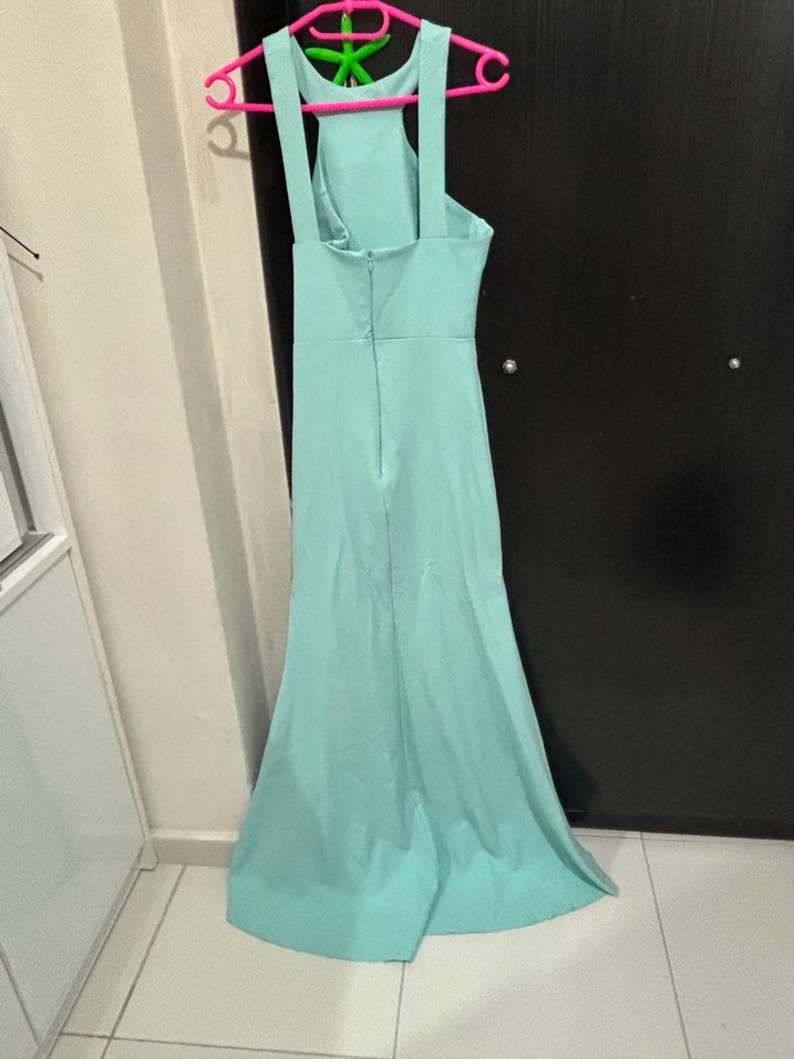 Turkuaz Uzun Drapeli Straplez Elbise - Görsel 2