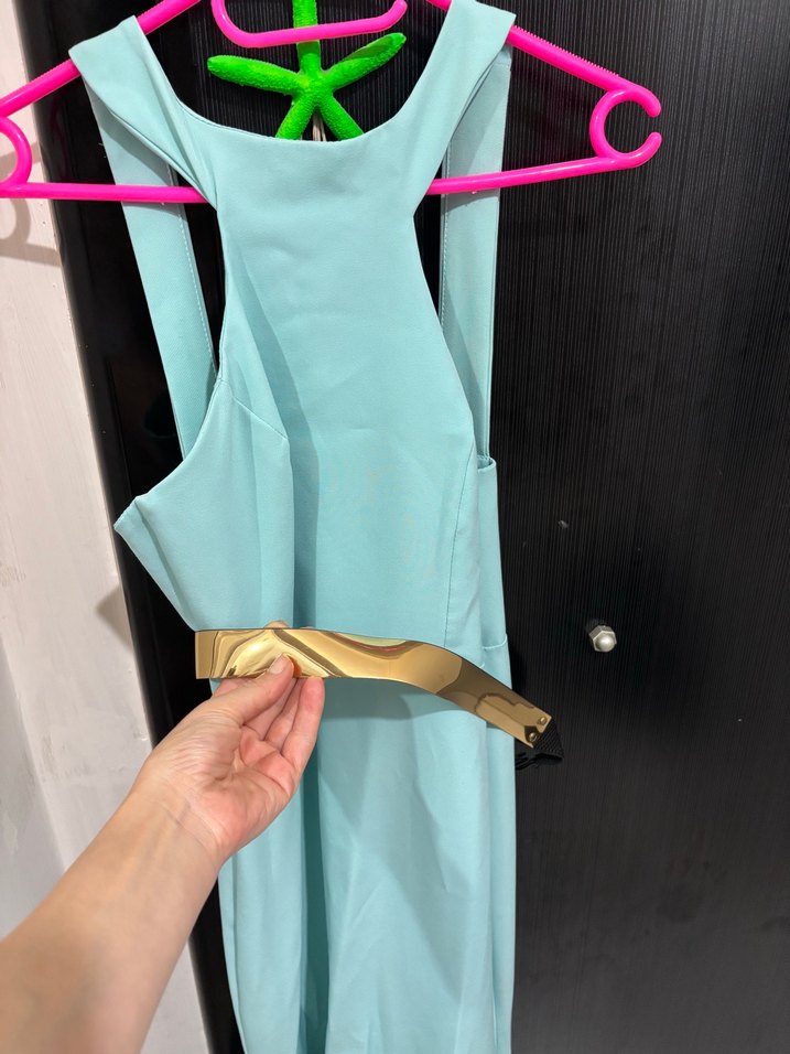 Turkuaz Uzun Drapeli Straplez Elbise - Görsel 3