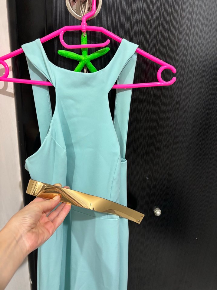 Turkuaz Uzun Drapeli Straplez Elbise - Görsel 5