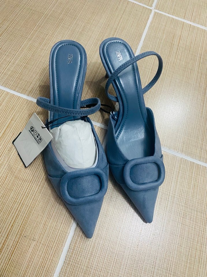 Zara Mavi Süet Tokalı Stiletto Kadın Ayakkabı - Görsel 3