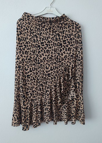 Kahverengi Leopar Desenli Mini Etek