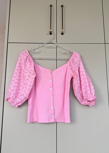 Mango Pembe Kalp Desenli Balon Kollu Bluz