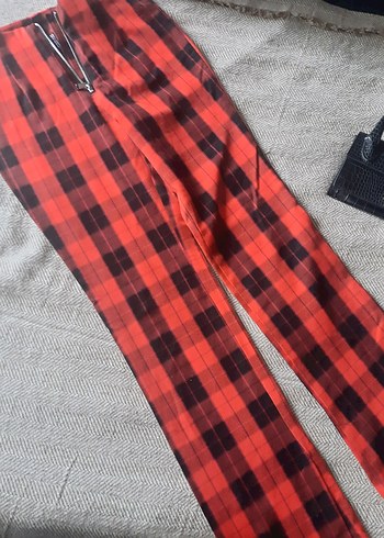 Kırmızı Kareli Fermuarlı Kadın Kumaş Pantolon - Görsel 2
