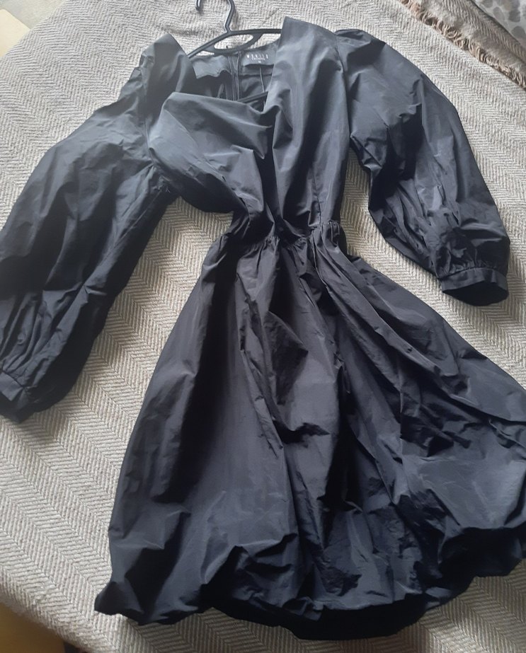 Siyah Mini paraşüt kumaş balon elbise - Görsel 2