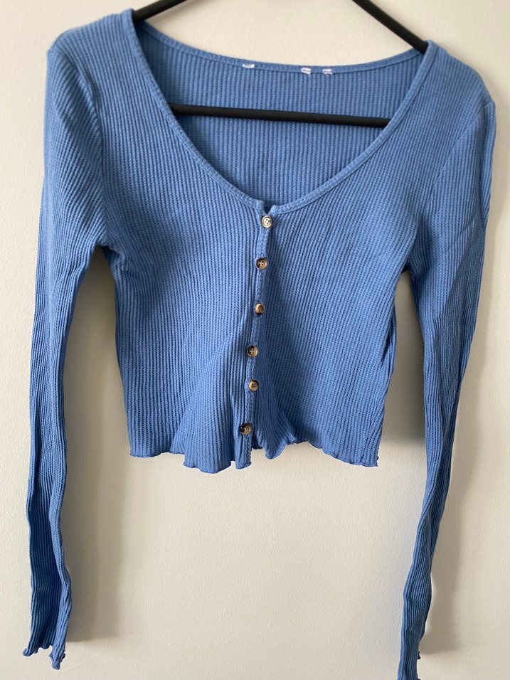 Düğmeli Mavi V Yaka bluz - Görsel 2