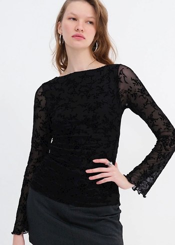 Siyah Dantelli Uzun Kollu Tül Gotik Bluz - Görsel 3