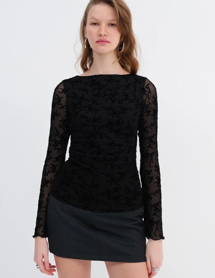 Siyah Dantelli Uzun Kollu Tül Gotik Bluz - Görsel 2